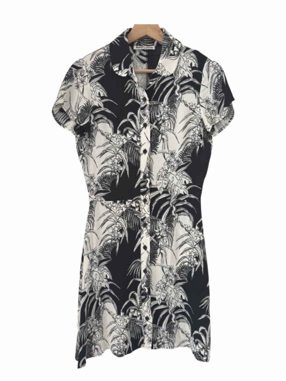 Reformation Sunday Mini Shirt Dress Black White Leaf Print Size 6 Resort